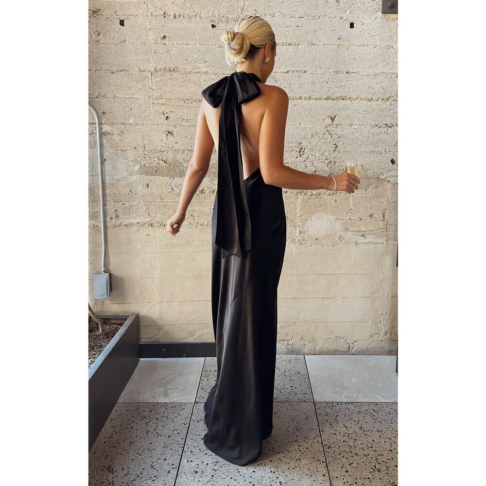 Show Me Your Mumu Lisa Maxi Dress in Black Luxe Satin XS